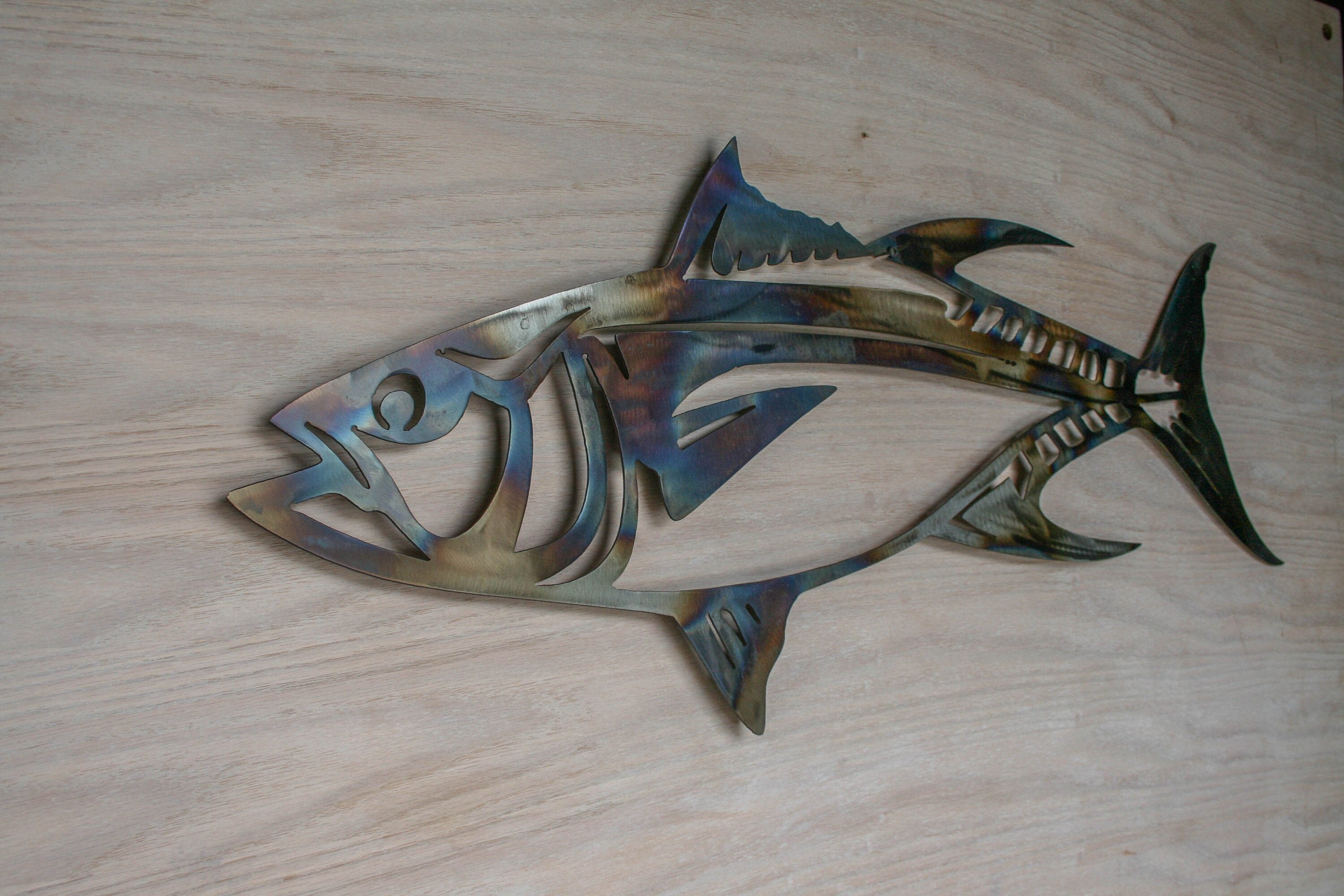 Painted Wooden Fish Wall Hanging, Fishing Decor, Mountain Art