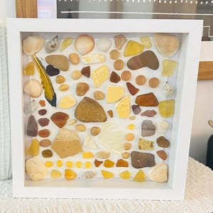 Pode incluir: Uma exibição emoldurada com uma coleção de conchas, vidro do mar e pequenas pedras em tons de amarelo, castanho e creme. Uma pena amarela e preta também está incluída. Os itens estão dispostos em uma caixa de sombra branca.