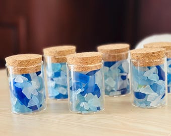 Botella rellena de vidrio de playa (azules y blancos) con tapón de corcho, juego de 3