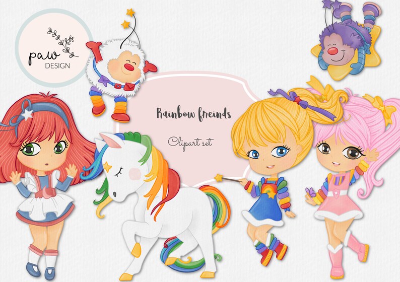 Watercolor Rainbow brite inspired Hand drawn clipart set instant download png file supplies to make birthday invitations or stickers.