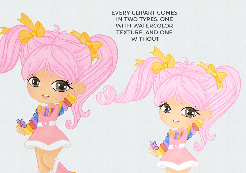 Watercolor Rainbow brite inspired Hand drawn clipart set instant download png file supplies to make birthday invitations or stickers.