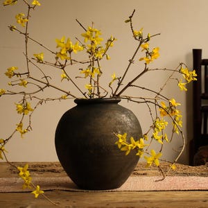 May include: A dark, round ceramic vase holds branches of bright yellow flowers. The vase sits on a wooden table with a pink runner. A dark wooden chair and a teapot are in the background.