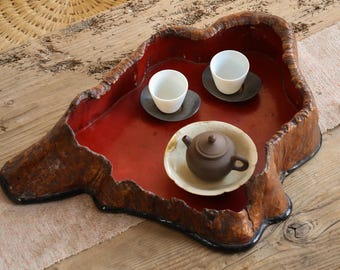 Bandeja de chá Sencha japonesa antiga em madeira de nogueira com formato orgânico / Mesa de chá de madeira Wabi Sabi / Grande tábua de chá escultural