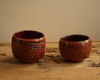 Conjunto de xícaras de chá japonesas vintage em raiz de bambu — Xícaras combinando esculpidas à mão | Utensílios de chá em material natural | Estética Wabi-Sabi