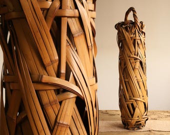 Tall Antique Japanese Bamboo Ikebana Basket by Chikuryosai 竹了齋 | 72cm Sculptural Flower Vessel | Tea Room Bamboo Art