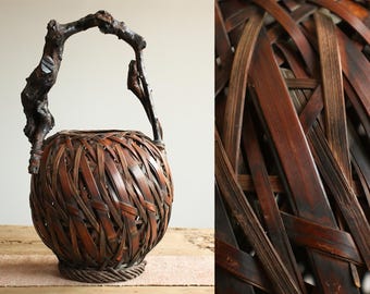 Antique Japanese Smoked Bamboo Ikebana Basket with Natural Root Handle | Sculptural Chabana Flower Basket | Wabisabi Tea Room Art