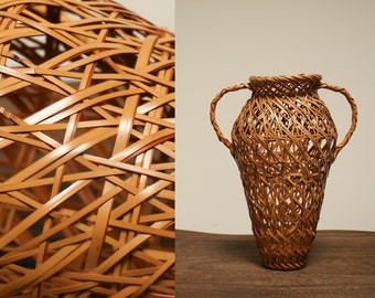 Cesta japonesa antiga de ikebana suspensa | Bambu fino com trama aberta e alças duplas | 25 cm