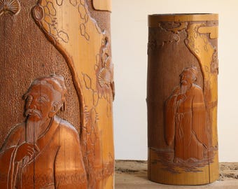 Vaso Ikebana de bambu esculpido do período Showa por Hankō (半耕) – Vaso figurativo de bambu para flores com revestimento de cobre