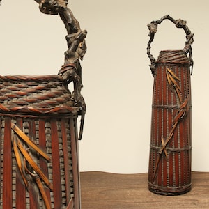 Tall Japanese Ikebana Basket with Sculptural Root Handle | Woven Antique Bamboo Vase with Natural Ornament