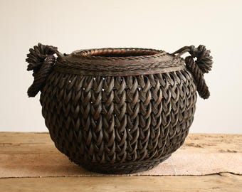 Large Antique Japanese Bamboo Flower Basket | Original Bamboo Water Container | Handwoven Ikebana Basket | Rustic Wabi-Sabi Interior