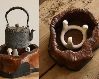 Antique Japanese Burl Wood Hibachi Brazier with Shunpo White Clay Gotoku | Tea Ceremony Charcoal Hearth | Wabisabi Tea Room Display