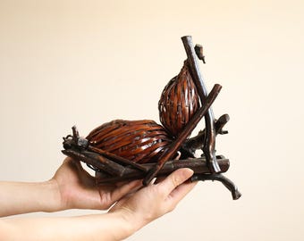 Antique Japanese Bamboo Gourd Flower Basket on Natural Wood Stand | Sculptural Ikebana Basket | Wabisabi Tea Flower Display