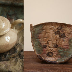 Antik japansk Wabi-Sabi-tallrik | Vedeldad keramik med gammal Kintsugi-lagning | Stor Ikebana- eller teceremonikärl