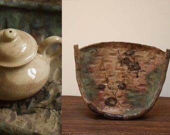 Antyczny japoński talerz wabi-sabi | Ceramika wypalana w drewnie z naprawą starego kintsugi | Duży talerz ikebany lub do ceremonii herbacianej