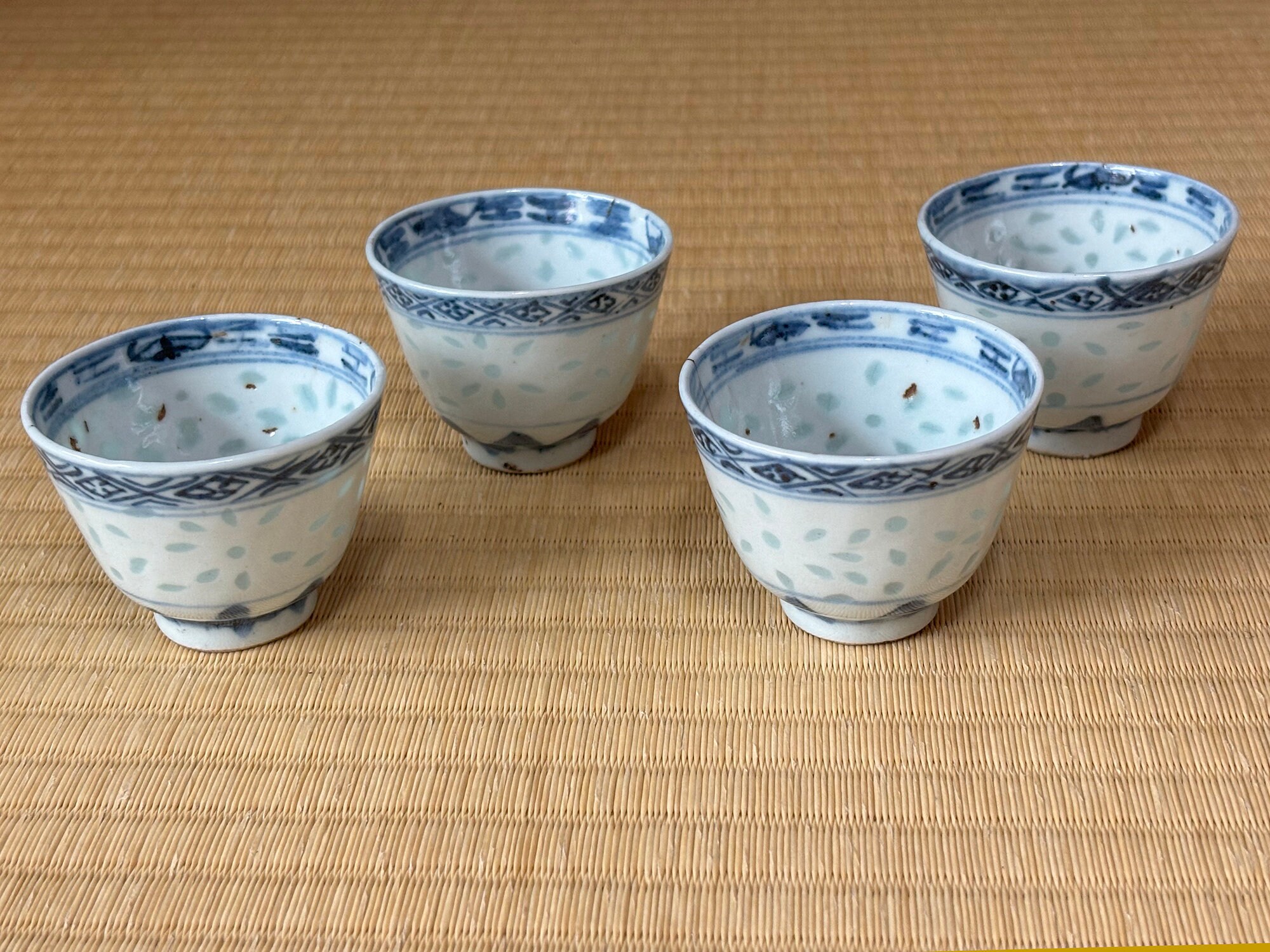 Antique Qing Dynasty Blue & White Porcelain Tea Cups (Set of 4, Imperfect, Hand-Painted)