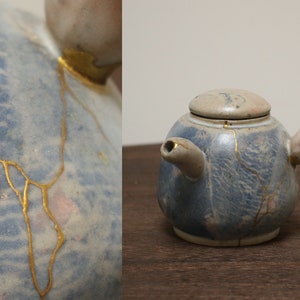Modern Chinese/Japanese Teapot using traditional classic Yixing teapot hand-build technique/ Kintsugi decoration
