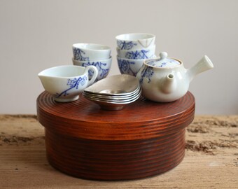Antique Japanese Sencha Tea Set by Gozan | Miniature 50ml Kyusu with 5 Cups, Tin Saucers & Yuzamashi | Taisho Era