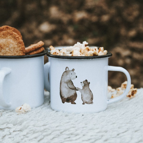 personalisierte Emaille Tasse für Kinder mit Aquarellbären