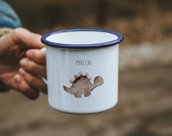 Emaille Tasse für Kinder / Dinosaurier / Aquarell / personalisiert / mit Name /