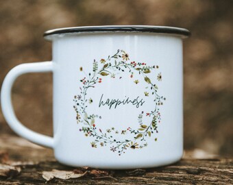 Emailletasse Aquarell / Blumenring senfgelb / personalisierbar / dein Text