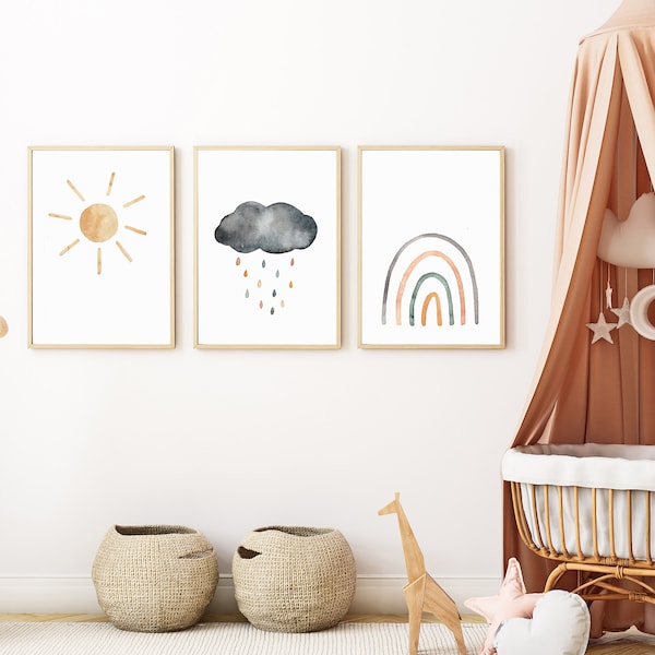 Children's room poster set / watercolor / sun / cloud / rainbow / DIN A4 / DIN A3 / recycled paper /