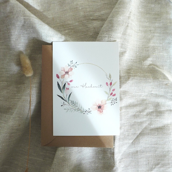 Wedding greeting card / watercolor illustration / flower ring / DIN A6 / with envelope / recycled paper
