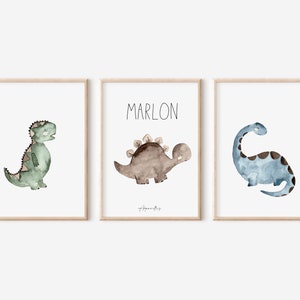 Children's room poster set with name / watercolor / dinosaurs / DIN A4 / DIN A3 / recycled paper