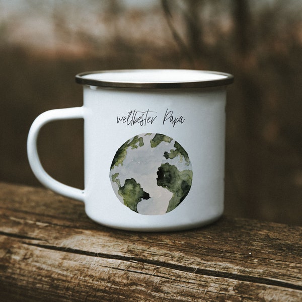 personalized enamel mug with watercolor world globe