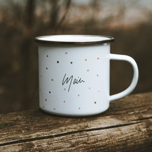 personalized enamel cup with watercolor dots and selectable cup rim color