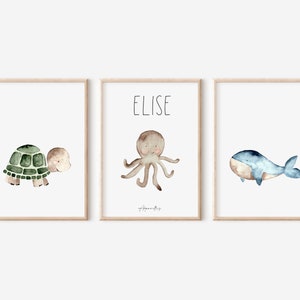 Children's room poster set / watercolor / sea creatures / with name / DIN A4 / DIN A3 / recycled paper