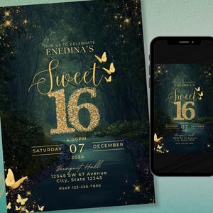 Sweet Sixteen Verzauberte Waldgrün mit Gold Schmetterlinge-Geburtstags-Einladung | Sweet 16 Geburtstagseinladung | Anpassbares Quitten-Design