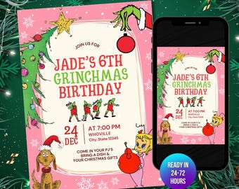 Grinchmas Birthday Digital Invitation | Grinch Christmas Editable Invitation