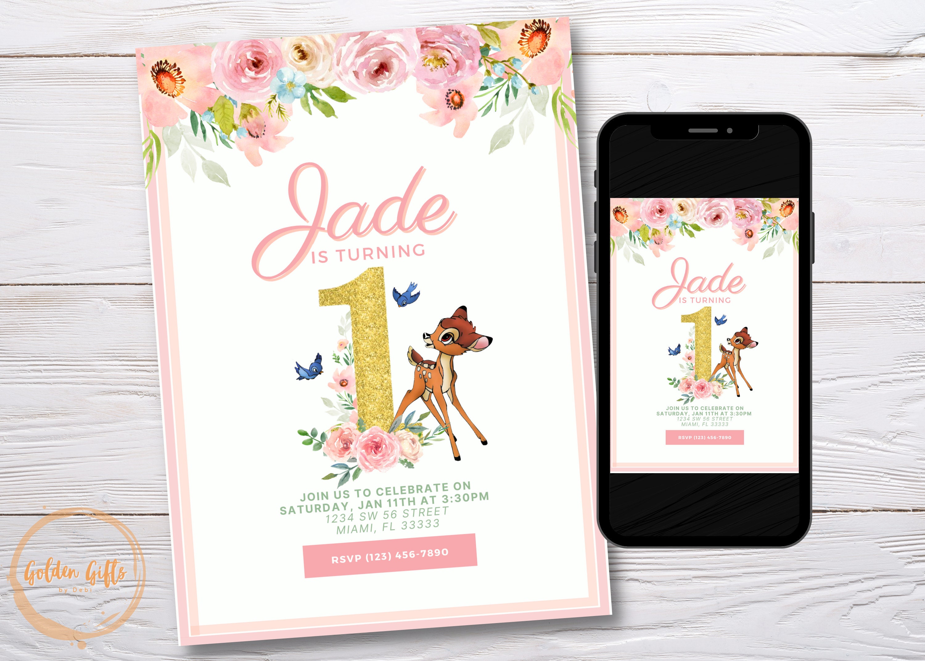 Bambi Floral Birthday Party Invitation Printable 1 Year Old - Etsy