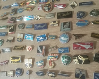 Mystery Box: 25 vintage USSR airplane badges, Mystery Box with vintage airplane badges,  lot of random airplane pins, lot of vintage badges