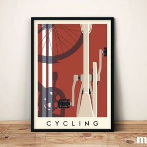 May include: Framed poster featuring a bicycle illustration in a minimalist style. The artwork uses a palette of red, cream, and blue, with the word "CYCLING" at the bottom. The poster is displayed on a wooden floor.