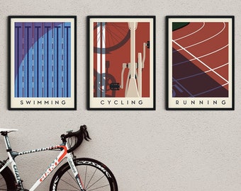 Set of 3 Triathlon Art Prints | Swimming Cycling Running Wall Art | Minimalist Sports Poster Collection
