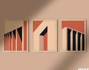 SET OF 3 - Bauhaus Architecture: Sunset | Columns and Shadow | Minimal Art Print | Architecture Illustration Poster | High-Quality Artwork