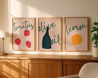 Set of 3 Mediterranean Kitchen Art Print | Tomatoes Olive Oil Lemon Wall Art | Minimalist Food Poster Collection