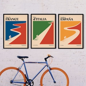 Grand Tour-afdrukken - SET VAN 3 - Tour de France - Vuelta a España - Giro d'italia | Minimalistische fietsposterset | Unieke minimale sportkunst