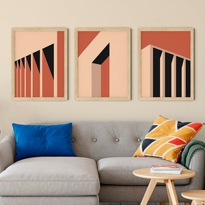SET OF 3 - Bauhaus Architecture: Sunset | Building Columns and Shadow  Print | Minimal Architectural Illustration Art Print
