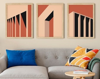 SET OF 3 - Bauhaus Architecture: Sunset | Building Columns and Shadow  Print | Minimal Architectural Illustration Art Print