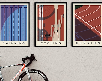 Conjunto de 3 láminas de arte de triatlón / Arte mural de natación, ciclismo y carrera / Colección de pósteres deportivos minimalistas
