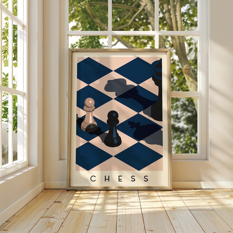 May include: Framed art print featuring a chess-themed design. The artwork showcases a pawn and a black pawn on a blue and beige checkered background. The word "CHESS" is printed at the bottom of the artwork.