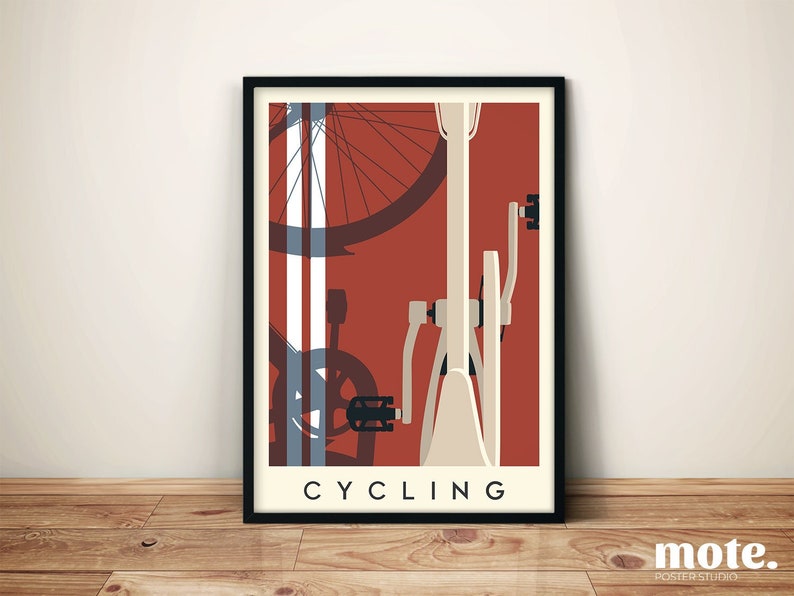 May include: Framed poster featuring a bicycle illustration in a minimalist style. The artwork uses a palette of red, cream, and blue, with the word "CYCLING" at the bottom. The poster is displayed on a wooden floor.