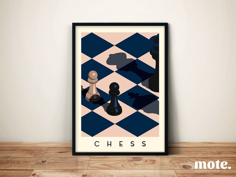 May include: A framed art print featuring a stylized chess game. The artwork displays a chessboard with blue and tan diamond shapes. Two chess pieces, a pawn and a black pawn, are in the foreground. The word "CHESS" is printed at the bottom.