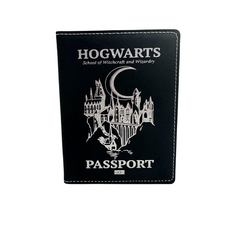May include: Black leather passport holder with a white embossed Hogwarts logo, including the school's name, crest, and the words "School of Witchcraft and Wizardry" and "Passport".