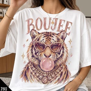 Boujee PNG, Tigre glamuroso PNG, Tigre preppy PNG, Diseño brillante, Burbuja soplando PNG, Estampado de leopardo PNG, Gráfico de tigre