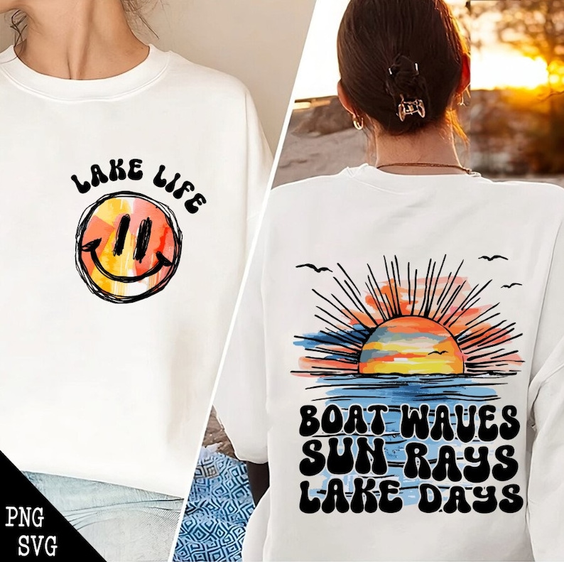 May include: White sweatshirt with a smiley face and the text "LAKE LIFE" on the front and a sunset with the text "BOAT WAVES SUN RAYS LAKE DAYS" on the back.