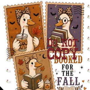 May include: Three postage stamp-style illustrations of geese wearing leopard print bows. One holds an iced coffee and maple leaf, one wears glasses and holds books, and one reads a book. Text reads: DO NOT COPY BOOKED FOR THE FALL.