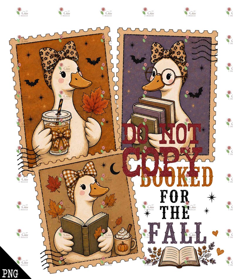 May include: Three postage stamp-style illustrations of geese wearing leopard print bows. One holds an iced coffee and maple leaf, one wears glasses and holds books, and one reads a book. Text reads: DO NOT COPY BOOKED FOR THE FALL.
